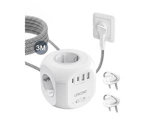 LENCENT Ciabatta da 4 Prese Schuko, Multipresa a Cubo con Spina Piatta, 8 in 1 Presa Multipla con 2 USB e 2 USB-C, Prolunga Elettrica con Cavo intrecciato da 3 M per Casa Ufficio
