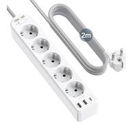 LENCENT Ciabatta elettrica a 5 prese, 8 in 1, 4000 W, con 1 connettore di tipo C e 2 porte USB-A, connettore USB multiplo 16 A con cavo intrecciato da 2 m, per presa a parete, colore: bianco