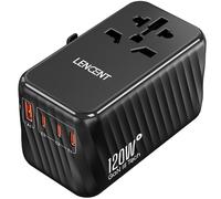LENCENT GaN 120W Adattatore da Viaggio Universale, Caricatore Rapido con 3 PD3.0 Tipo C+1 QC USB A, Adattatore di Alimentazione per Telefoni, PC, Tutto in Uno Spina da Viaggi per EU/UK/USA/AUS -Nero