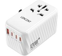 LENCENT GaN 120W Adattatore da Viaggio Universale, Caricatore Rapido con 3 PD3.0 Tipo C+1 QC USB A, Adattatore di Alimentazione per Telefoni, PC, Tutto in Uno Spina da Viaggi per EU/UK/USA/AUS -Bianco