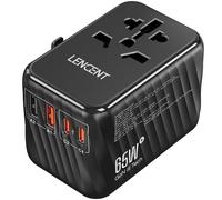 LENCENT GaN3 65W Adattatore da Viaggio Universale, Caricatore Rapido con 2 PD3.0 Type C+2 QC USB A, Adattatore di Alimentazione per Telefoni, PC, Tutto in Uno Spina da Viaggi per EU/UK/USA/AUS -Nero