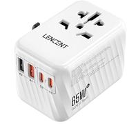 LENCENT GaN3 65W Adattatore da Viaggio Universale, Caricatore Rapido con 2 PD3.0 Type C+2 QC USB A, Adattatore di Alimentazione per Telefoni, PC, Tutto in Uno Spina da Viaggi per EU/UK/USA/AUS -Bianco