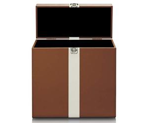Lenco 810063 classic phono tta-301 - custodia per 30 dischi in vinile con maniglia per il trasporto e fibbia in metallo, fodera protettiva in velluto marrone/bianco