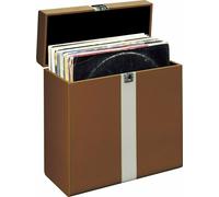 Lenco 810063 classic phono tta-301 - custodia per 30 dischi in vinile con maniglia per il trasporto e fibbia in metallo, fodera protettiva in velluto marrone/bianco