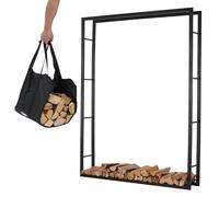 Lendo Online Scaffale per legna da ardere + borsa per il trasporto, per interni ed esterni, Portalegna, per legna da ardere - deposito legna - metallo nero (148x25x196cm)