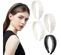 Lengxue 4 fasce per capelli in pizzo con ricamo floreale alla moda, larghe, per donne e ragazze, accessori per capelli vintage antiscivolo (bianco nero)
