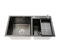 LENJKYYO Lavello da incasso, in acciaio inox, 2 vasche con scolapiatti e dispenser di sapone, lavello angolare, doppio lavandino, colore nero, per montaggio a incasso