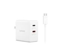 Lenovo Caricatore doppio USB-C 65W GaN, 2 porte USB-C, per laptop/tablet, telefoni e altro, dimensioni compatte, spina pieghevole, include cavo USB C da 1,5 m, modello/tipo: CC65, bianco