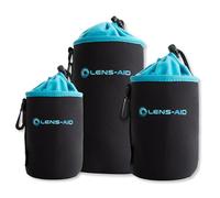 LENS-AID Custodia Obiettivo Neoprene con Fodera in Pile - Protezione Antiurto per Obiettivi della Fotocamera, Flash e Accessori Fotografici, Nero/Blu, Set di 3 (S, M, L), Moderno