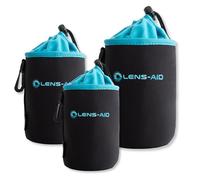 LENS-AID Custodia Obiettivo Neoprene con Fodera in Pile - Protezione Antiurto per Obiettivi della Fotocamera, Flash e Accessori Fotografici, Nero/Blu, Set di 3 (XS, S, M), Moderno