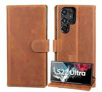 Lensun Cover per Samsung Galaxy S22 Ultra 5G, Custodia in Vera Pelle [RFID Blocking] Libro con Portafoglio Chiusura Magnetico Flip Custodie Cuoio - Marrone Retrò
