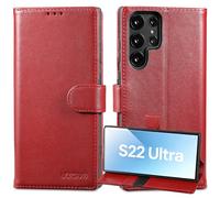 Lensun Cover per Samsung Galaxy S22 Ultra 5G, Custodia in Vera Pelle [RFID Blocking] Libro con Portafoglio Chiusura Magnetico Flip Custodie Cuoio per Samsung S22 Ultra - Vino rosso