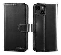 Lensun Custodia per iPhone 14 5G, custodia in vera pelle [blocco RFID] con chiusura magnetica e scomparti per carte Protezione a libro portafoglio -Nero Puro