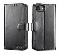 Lensun Custodia per iPhone 16E, Cover in Vera Pelle Portacellulare [Libro con Portafoglio][Slot per Scheda] Protezione Completa Cover Custodie Cuoio - Nero Puro