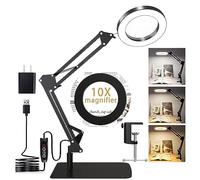 Lente d'ingrandimento 10X con luce e supporto, lampada da scrivania 2 in 1 in vero vetro e morsetto, lampada con 3 modalità di colore, lente d'ingrandimento illuminata a LED con luce per hobby,