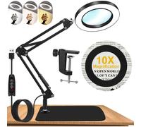 Lente d'ingrandimento 10X con luce e supporto, lampada da scrivania 2in1 con braccio oscillante regolabile e morsetto per lavori di riparazione di lettura artigianale