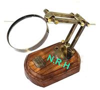Lente d'ingrandimento da scrivania in stile vintage con supporto in legno, nautica, in ottone e vetro