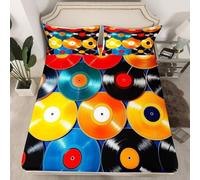 Lenzuola Angoli Matrimoniale Dischi In Vinile Lenzuolo con Angoli 3D Stampa Colore Microfibra Morbido - Altezza Materasso Fino a 30 cm, Coprimaterasso Traspirante e Lavabile con 2 Federe T356
