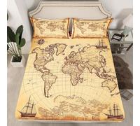 Lenzuola Angoli Matrimoniale Mappa Del Mondo Lenzuolo con Angoli Retro Microfibra Morbido - Altezza Materasso Fino a 30 cm, 3D Stampa Bussola Coprimaterasso Traspirante e Lavabile con 2 Federe S532