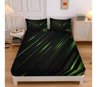 Lenzuola Angoli Una Piazza E Mezza Nero Lenzuolo Con Angoli Strisce Verdi Microfibra Morbido Altezza Materasso Fino A 30 Cm, 3D Stampa Geometria Astratta Coprimaterasso Lavabile Con 2 Federe
