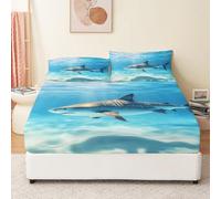 Lenzuola Con Angoli 90 x 200 cm Animale Squalo Blu Bianco, Comodo Lenzuolo Con Angoli In Microfibra Stampato Profondo 30 cm Tutto Intorno Elastico Con 2 Federe Per Tutte Le Stagioni