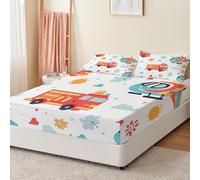 Lenzuola Con Angoli Fumetto Camion Dei Pompieri Elicottero Colorato 90 x 200 cm, Coprimaterasso Con Angoli In Microfibra Stampata Con Tasca Profonda 30 cm Per Bambini Adolescenti Adulti