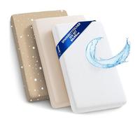 Lenzuola con angoli per passeggino: Set di 3: 90 x 55 cm - 2 lenzuola + 1 coprimaterasso impermeabile - Accessori per lettino per culla co-sleeping carrozzina Beige con stelle bianche