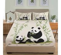 Lenzuola Matrimoniale 160x200 cm Panda Che Mangia Bambù Traspirante Lenzuolo con Angoli e 2 Federe, Microfibra Morbida Spazzolata Beige Set di Biancheria da Letto Tasca Profonda 30 cm