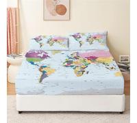 Lenzuola Matrimoniale 160x200x30 cm Mappa Del Mondo, 3D Carta Geografica Lenzuolo con Angoli, Lenzuola Letto Coprimaterasso Microfibra Morbido e 2 Federe 50x80 cm CL635