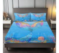 Lenzuola Matrimoniali Coda Di Sirena Da Sogno, Azzurro Cielo Set Lenzuola con Angoli in Microfibra con Angolo Fino a 30 cm con 2 Federe, Set completo da letto per Bambini e Adulti, 160 x 200 cm
