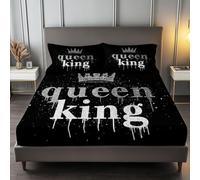 Lenzuola Matrimoniali Simboli Regina E Re, Nero Set Lenzuola con Angoli in Microfibra con Angolo Fino a 30 cm con 2 Federe, Set completo da letto per Bambini e Adulti, 150 x 200 cm