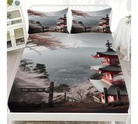 Lenzuola Monte Fuji Lenzuolo Paesaggio Di Un Antico Tempio Coprimaterasso Microfibra Morbido 3D Stampe Lenzuolo con Angoli Matrimoniale 200x200x30 cm e 2 Federe 50x80 cm