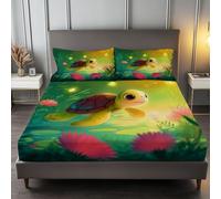 Lenzuola Sotto Angoli Elasticizzati Stampa Verde Muschio, Morbido Lenzuola sotto Combinazione Tartaruga Pianta In Stile Cartoon per una Tasca Profonda 30 cm Resistente allo Scolorimento 160 x 190 cm