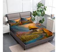 Lenzuola Sotto con Angoli Elasticizzati Stampa Fiori Di Casa A Fungo Fiume Foresta, Morbido Lenzuola sotto Rendering 3D Fantasy per una Tasca Profonda 30 cm Resistente allo Scolorimento 160 x 190 cm