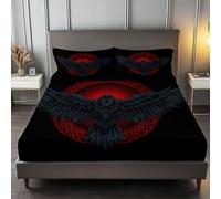 Lenzuola Sotto con Angoli Elasticizzati Stampa Nero, Morbido Lenzuola sotto Cerchio Runico Vichingo Con Corvo per una Tasca Profonda 30 cm Resistente allo Scolorimento 160 x 190 cm