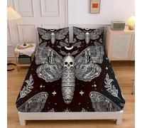 Lenzuola Una Matrimoniale Teschio Gotico Falena Lenzuolo Con Angoli Luna Cielo Animali Nero Bianco Microfibra Morbido, Altezza Materasso Fino 30 Cm, Coprimaterasso Traspirante Lavabile