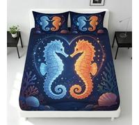 Lenzuola Una Piazza e Mezza 135 x 200 cm 3D Lenzuolo con Angoli | Cavalluccio Marino Cuori Vita Marina Coprimaterasso Antipiega e Traspirante con 2 Federe, Altezza Materasso Fino a 30 cm