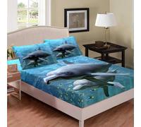 Lenzuola Una Piazza e Mezza 140x200x30 cm Delfino, 3D Oceano Lenzuolo con Angoli, Lenzuola Letto Coprimaterasso Microfibra Morbido e 2 Federe 50x80 cm CL3804