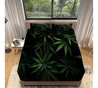 Lenzuola Una Piazza e Mezza, 3D Verde Foglia Di Marijuana Lenzuolo con Angoli in Microfibra Morbido - Altezza Materasso Fino a 30 cm - Coprimaterasso Traspirante e Lavabile con 1 Federe