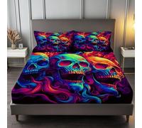 Lenzuolo con Angoli 160 x 190 cm Teschio Horror Psichedelico Strisce, Lenzuolo con Angoli in Microfibra Morbido Traspirante Blu Violaceo, Altezza Materasso Fino a 30 cm, per Bambini Adolescenti Adulti