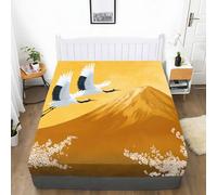 Lenzuolo con Angoli 160 x 200 cm Stampato Montagne Uccelli Fiori di Ciliegio, Motivo Stile Tradizionale Giapponese Lenzuola sotto con Angoli Microfibra profondità 30 cm, per Bambino Adolescente Adulto