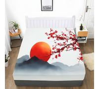 Lenzuolo con Angoli 180 x 200 cm Tramonto Con Fiori di Ciliegio Montagne, Lenzuolo con Angoli Morbido Traspirante Pittura a Inchiostro, Altezza Materasso Fino a 30 cm, per Bambini Adolescenti Adulti