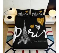 Lenzuolo con Angoli 3D Stampa Torre Eiffel Romantica Microfibra Tasca Profonda Antiscivolo Letto Camera Cuori Dorati Mattress Fitted Cover Traspirante per Tutte le Età 160x200x25cm