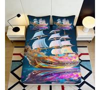 Lenzuolo con Angoli 3D Stampa Veliero Microfibra Tasche Profonde Antiscivolo Set Letto Coprimaterasso Veliero Avvolgente per Adulti Giovani 90x200x25cm
