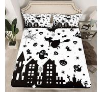 Lenzuolo con angoli a tema Halloween per ragazze ragazzi bambini King Wizard Ghost Bedding Set di biancheria da letto decorativo ragno zucca lanterna set di lenzuola nero bianco copripiumino tasca