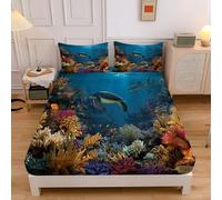 Lenzuolo Con Angoli Barriera Degli Squali, Animali Dei Fondali Marini Lenzuolo Con Angoli Con 2 Federa, Coprimaterasso Tasca Profondità 30cm per Letto King (150x200x30 cm, Blu)