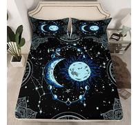 Lenzuolo con angoli blu sole e luna in stile bohémien, per bambini, ragazzi, ragazze, adolescenti, psichedelico, hippie, traspirante, per galassia astrologia, taglia singola