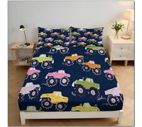 Lenzuolo con Angoli Cartoni Animati, 3D Monster Trucks Lenzuola Morbido, Altezza Materasso a 30 cm, 200x200cm Coprimaterasso Traspirante Lavabile con 2 Federe, Blu navy