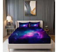 Lenzuolo con Angoli Fantasy Nebulosa Stelle Stampa Microfibra Morbido - 140 × 200 cm Altezza Materasso Fino a 30 cm, Blu scuro Coprimaterasso Traspirante e Lavabile con 2 Federe
