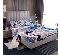 Lenzuolo con angoli in marmo astratto Set di biancheria da letto in marmo colorato Set di lenzuola a turbinio psichedelico blu viola e rosso corallo copripiumino matrimoniale 4 pezzi